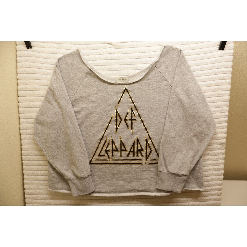 Lucky Brand Def Leppard Loose Sweatshirt Women XL Gray Gold Logo Relaxed NWOT